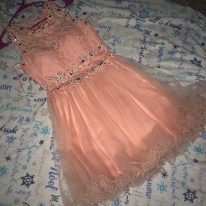 Juniors blush pink prom dress